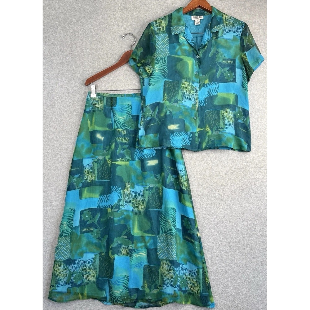 Robbie Bee 100% Silk 2 Piece Set Size 12 Teal Green Tropical‎ Skirt Top VTG 90s
